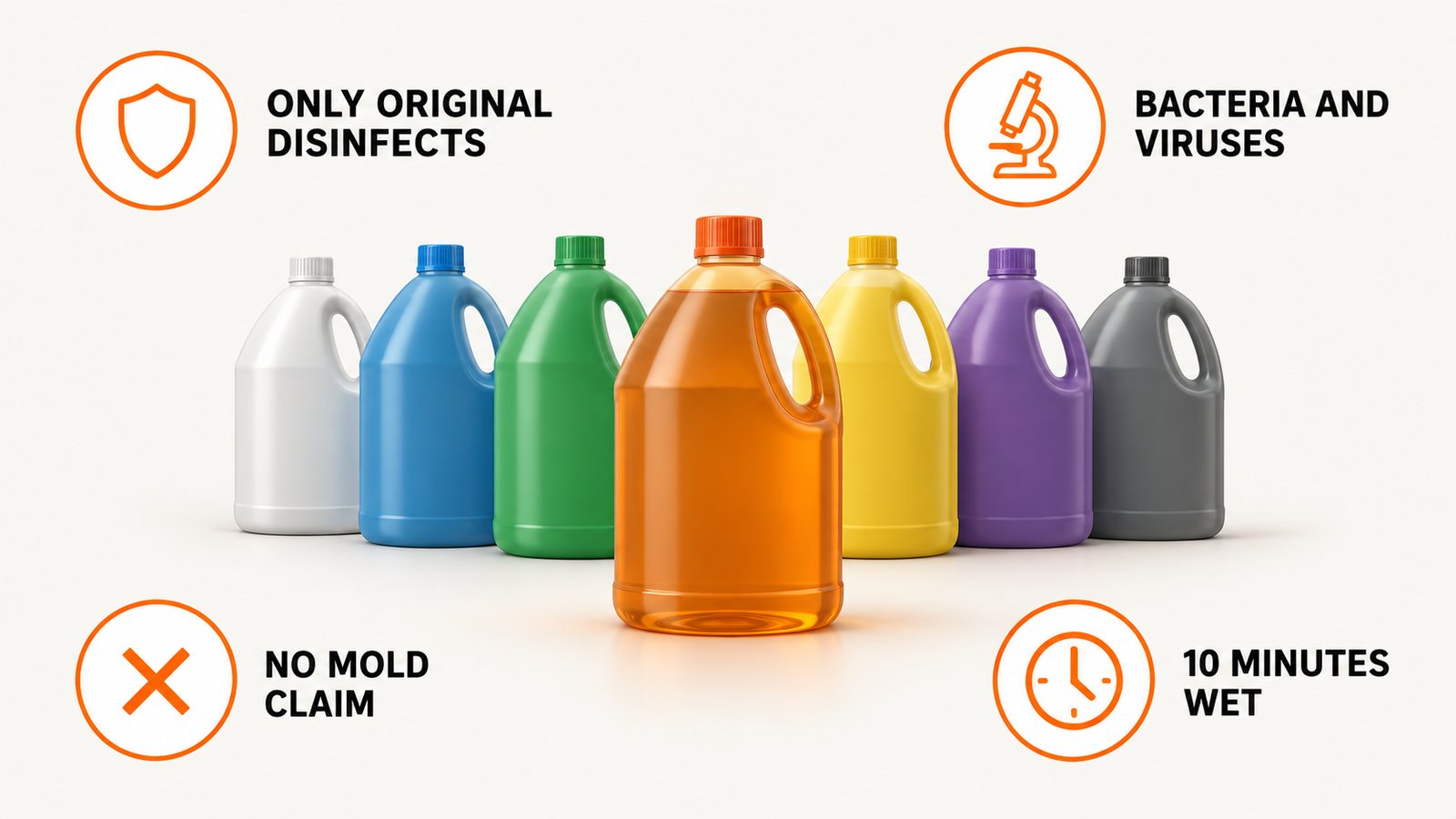 A row of cleaner bottles in different colors with one bottle set apart in front