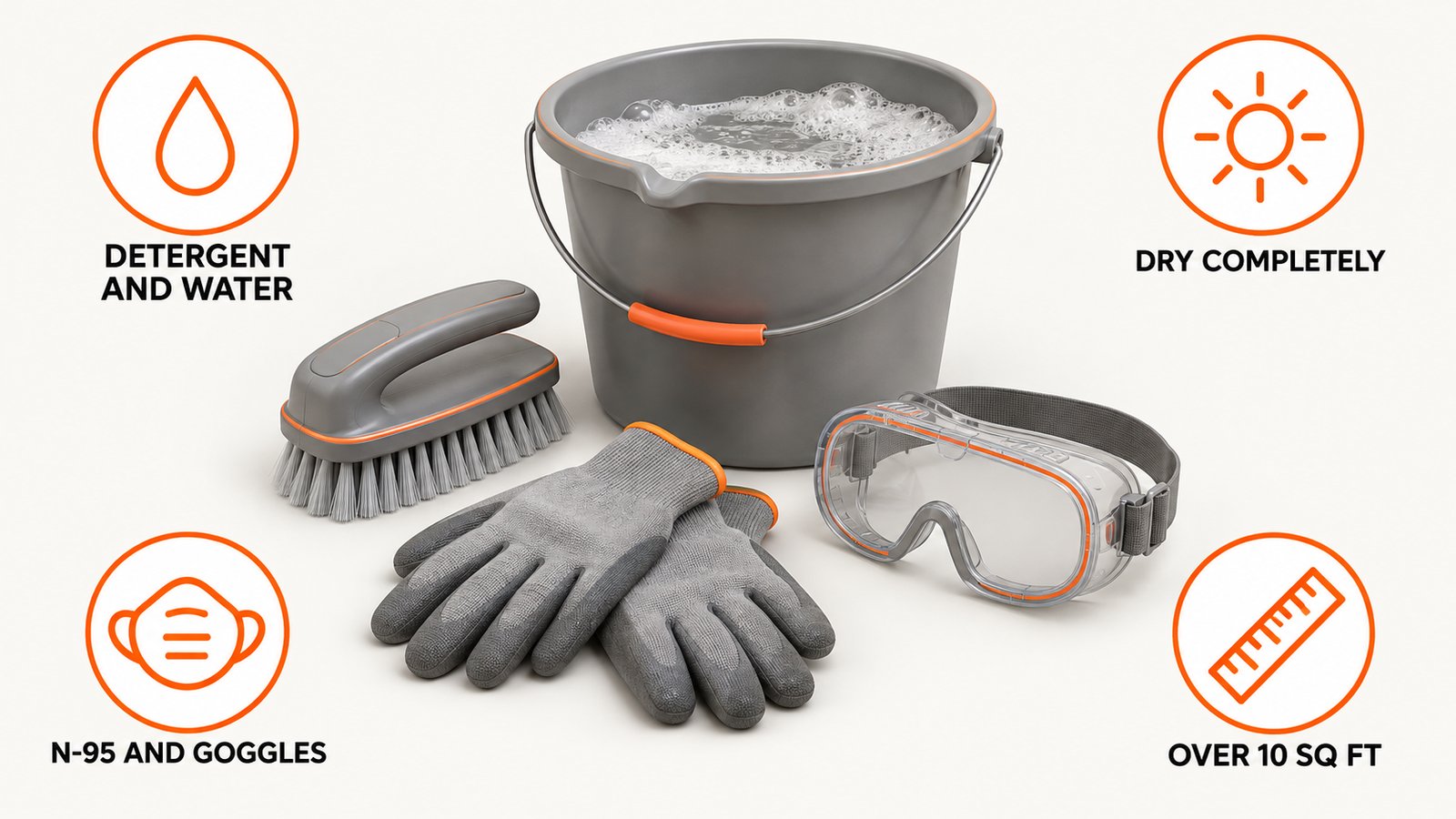 A scrub brush, a pair of gloves and goggles laid out next to a bucket of soapy water