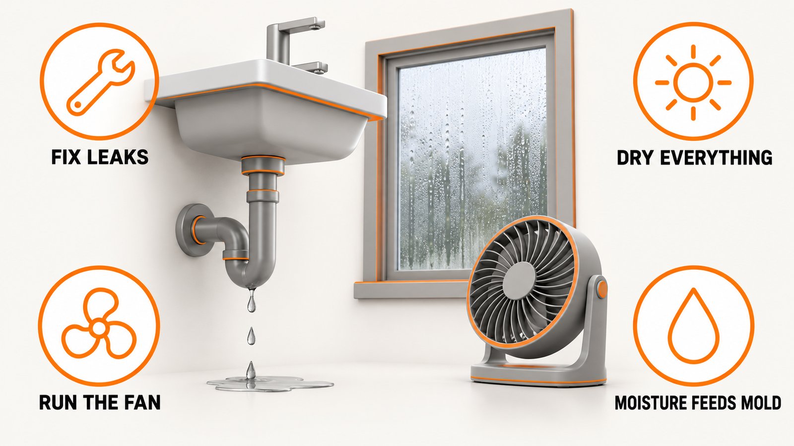 A dripping pipe under a sink, a window with condensation and a small fan