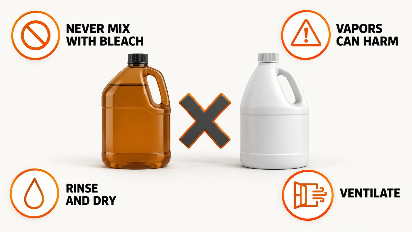 A bottle of amber cleaner and a bottle of bleach kept apart with a large X between them