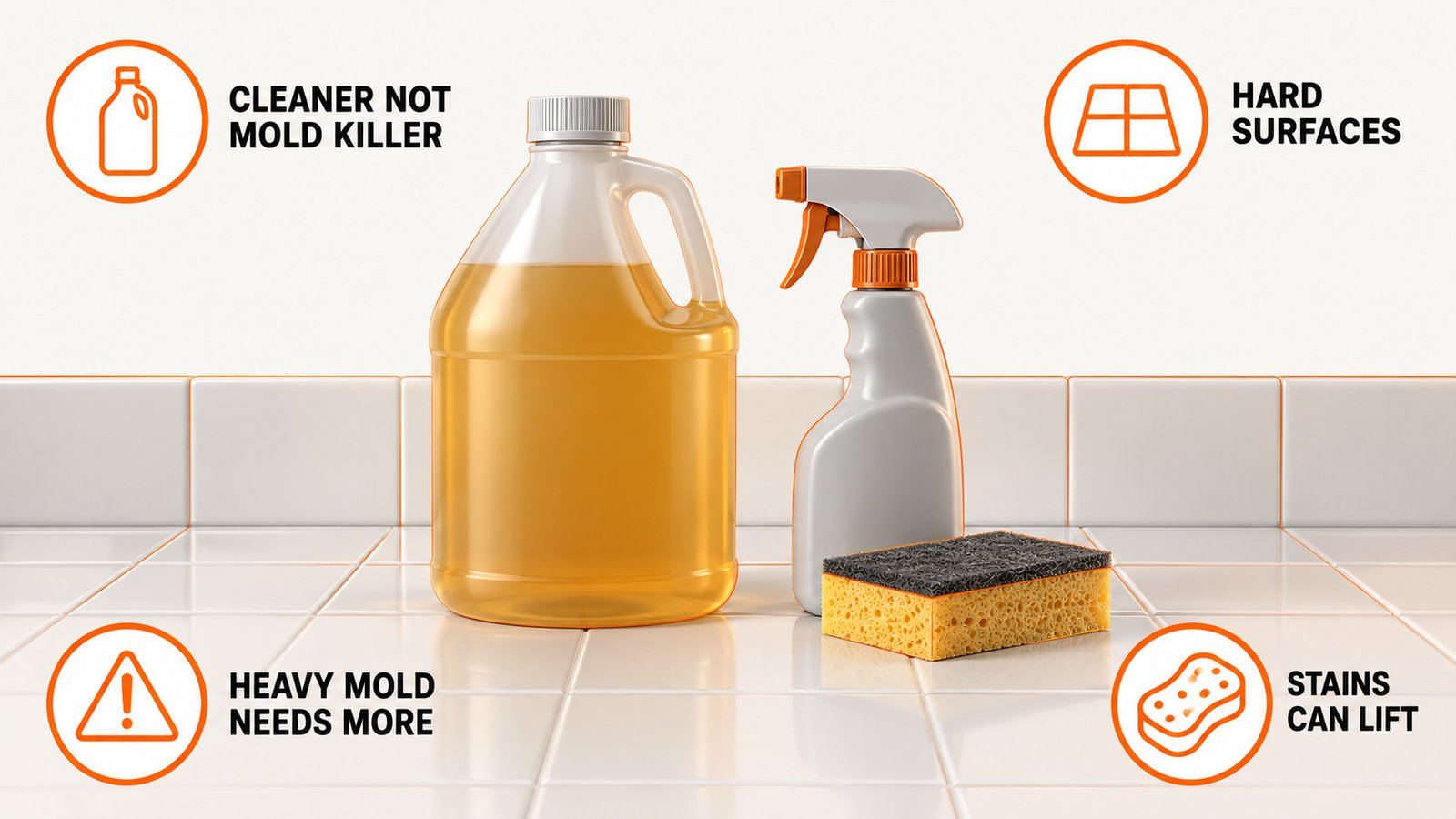 A bottle of amber cleaner beside a spray bottle and a sponge on a tile counter