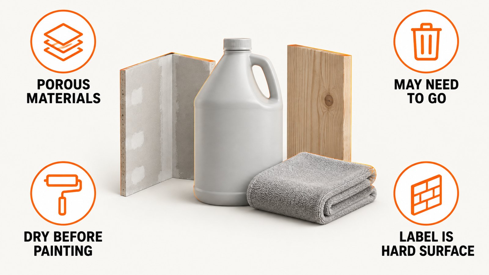 A drywall corner, a wood board and a folded towel arranged around a cleaner bottle