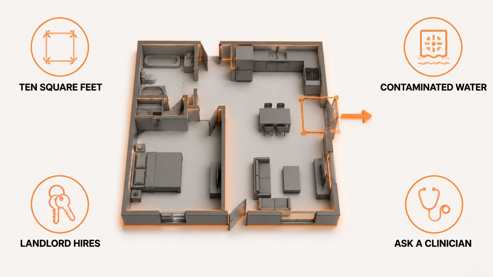 Apartment plan with a marked affected area and referral paths to a contractor and a clinician