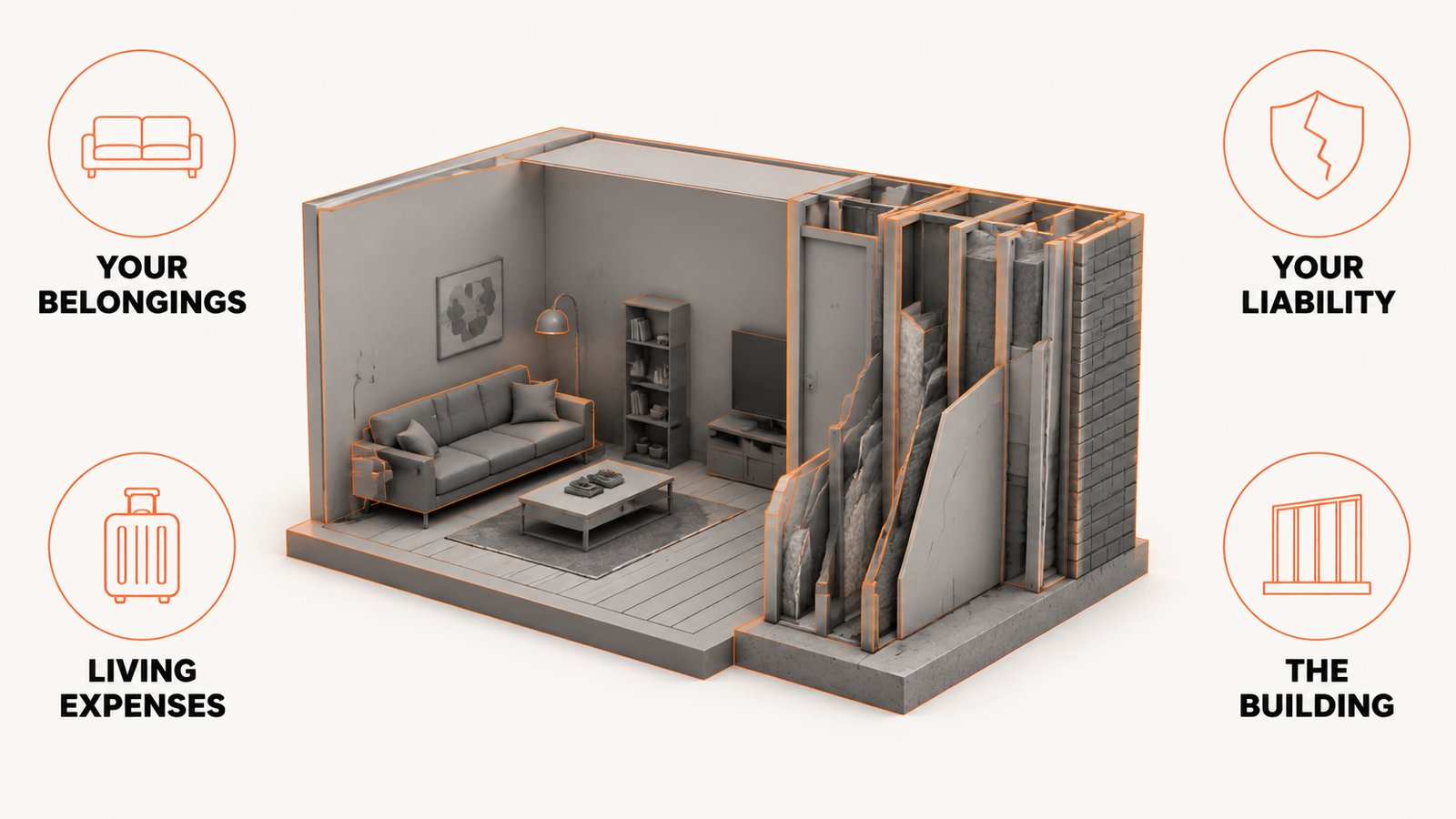 Apartment interior split into personal belongings, liability and the building structure