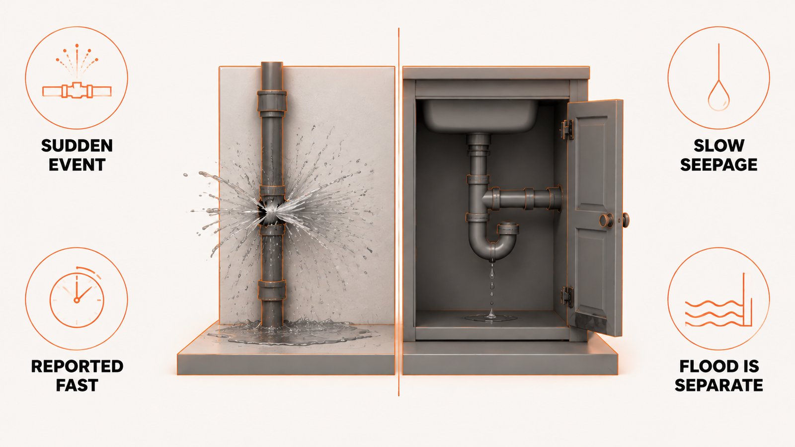 Two water events compared, a burst pipe and a slow leak, with different claim outcomes