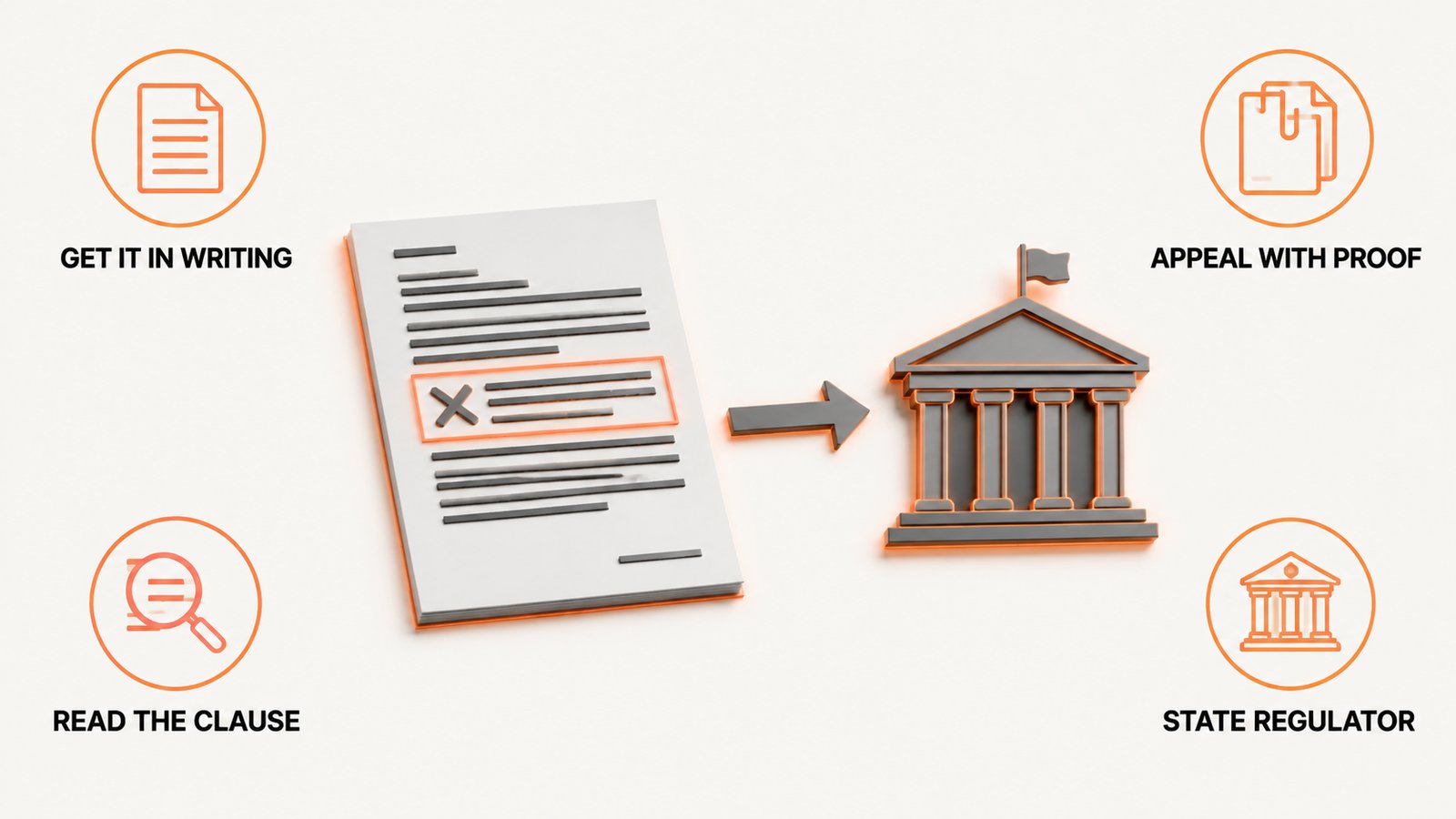 Denial letter with an appeal path drawn toward a state insurance department