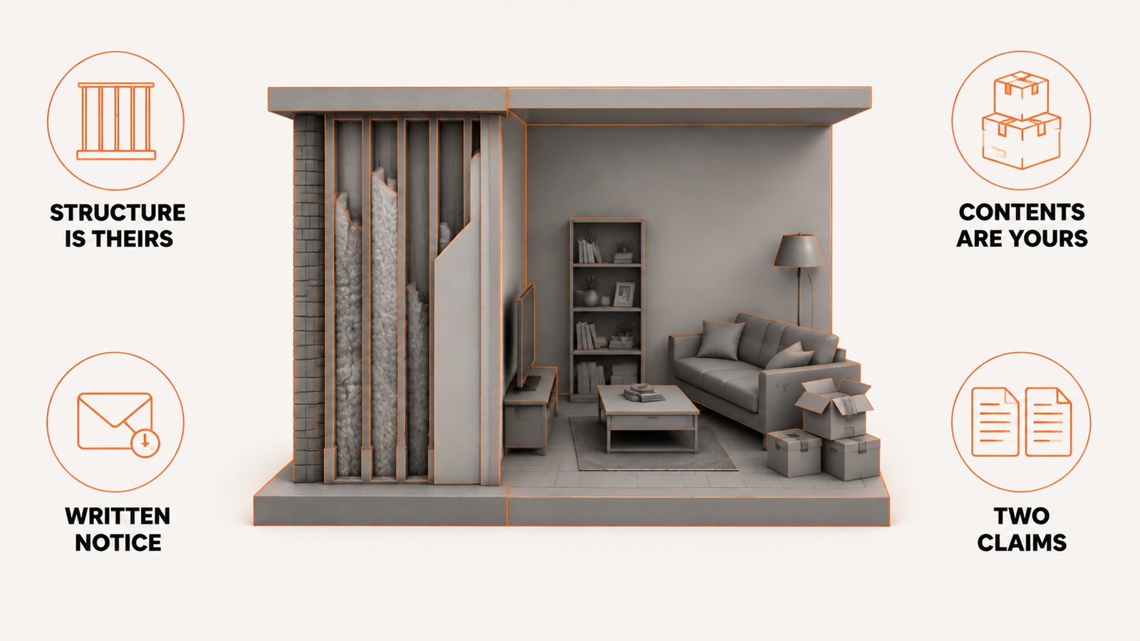 Apartment cross section with the structure marked as landlord responsibility and contents as tenant