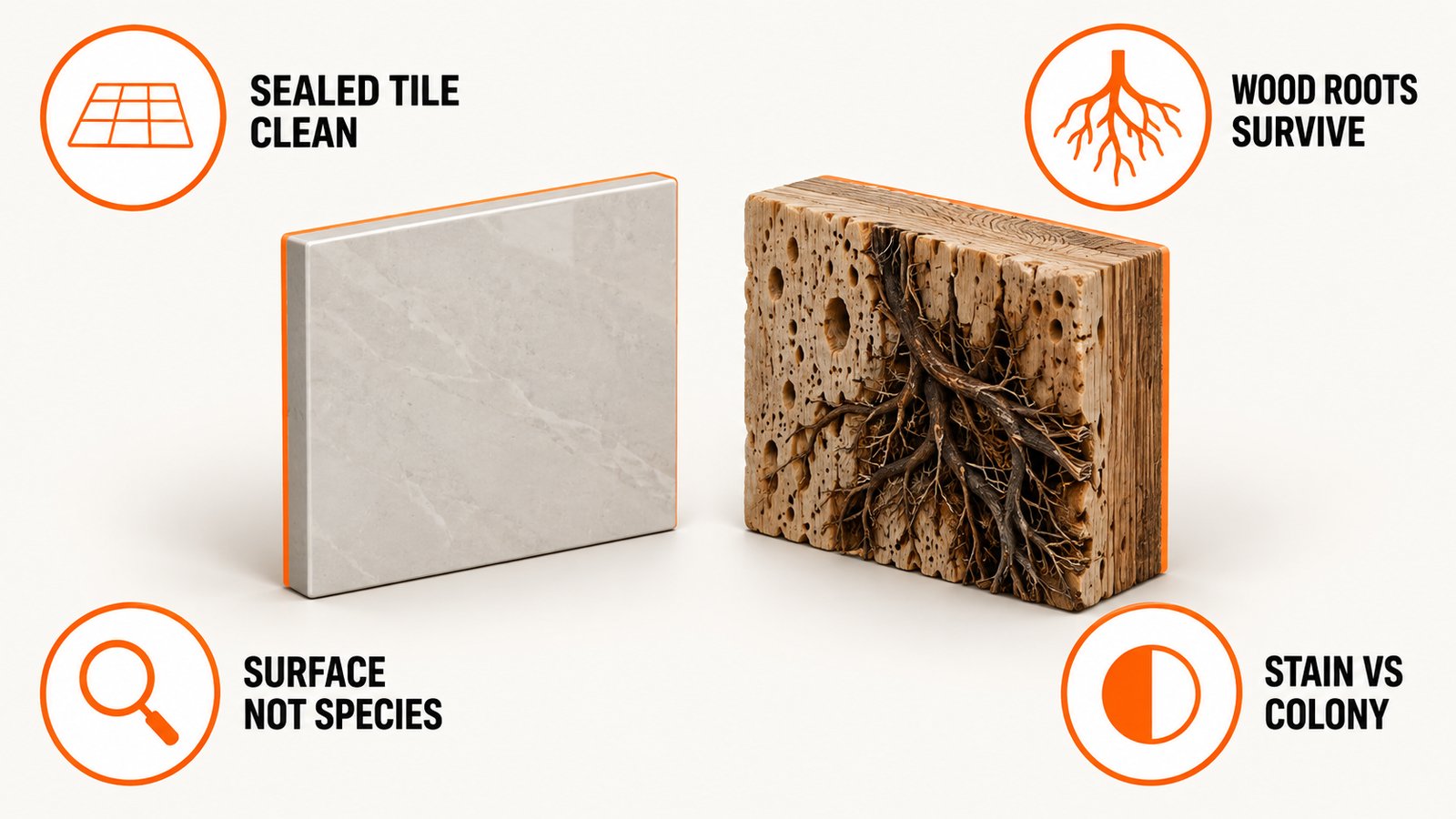 Infographic comparing a sealed tile surface where RMR-86 kills mold on contact against a porous wood surface where roots survive underneath