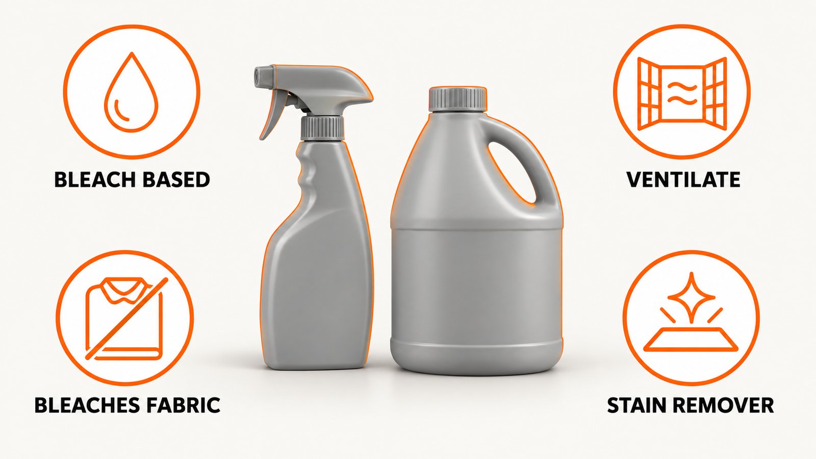 Infographic comparing RMR-86's active ingredient to household bleach and showing indoor safety precautions
