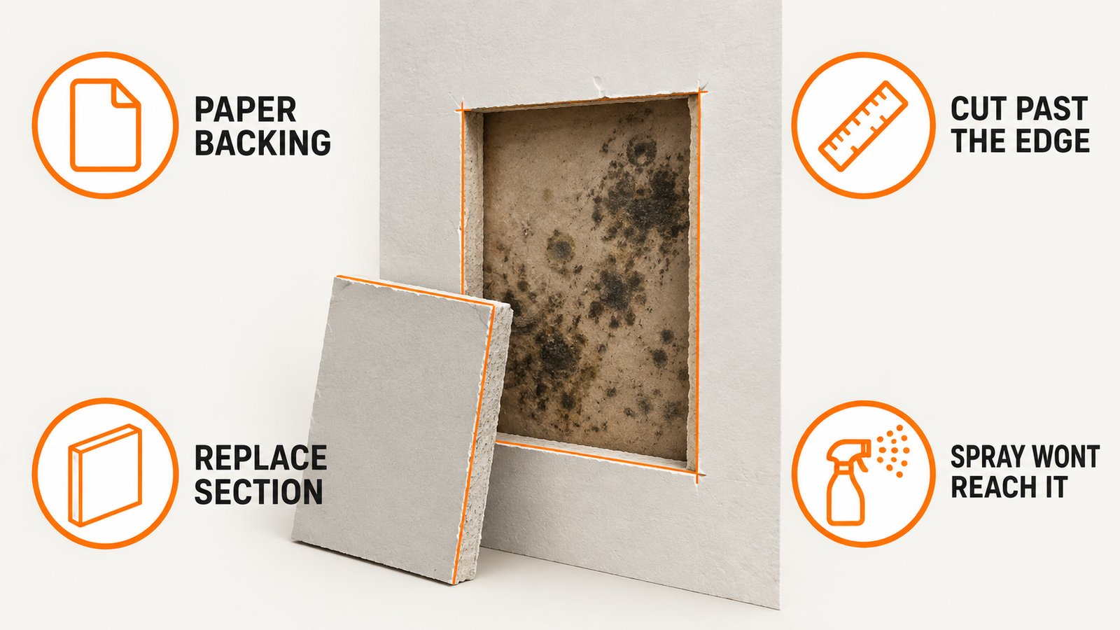 Infographic showing a cut section of drywall with mold growth on the paper backing, illustrating why RMR-86 cannot reach rooted drywall mold