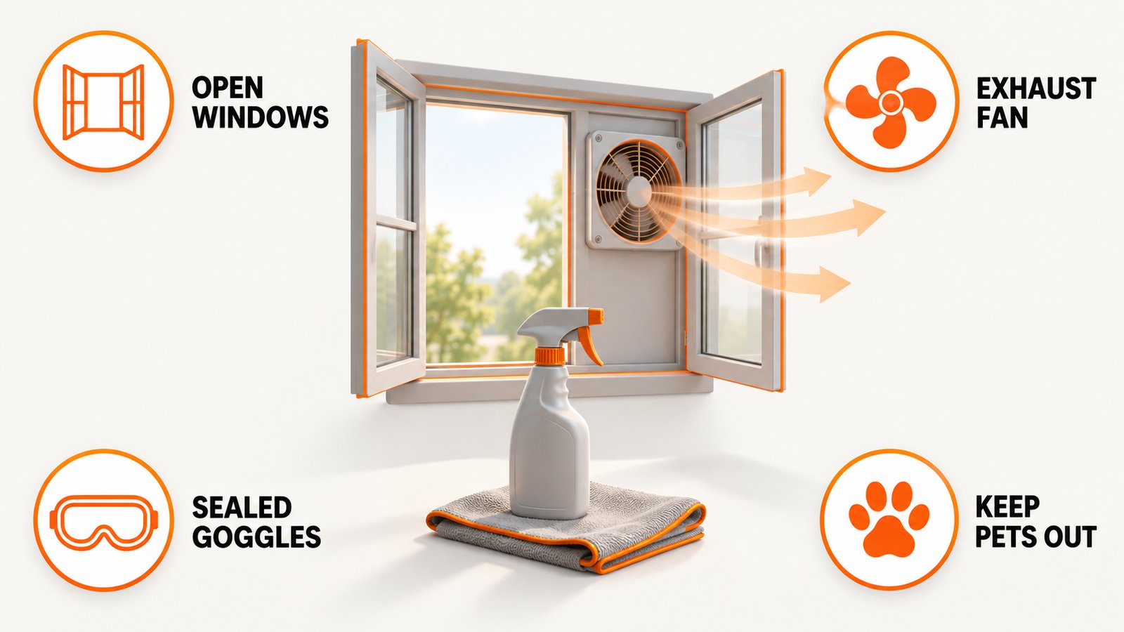 Infographic showing indoor ventilation steps for using RMR-86 safely: open windows, exhaust fan, sealed goggles, keep pets out