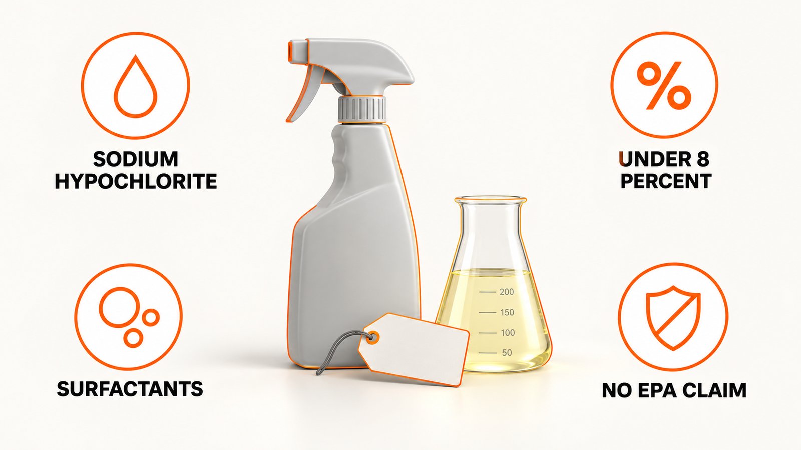 Infographic showing RMR-86's active ingredient sodium hypochlorite at under 8 percent, surfactants, and no EPA kill claim on the label