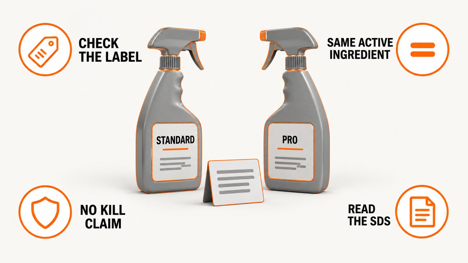 Infographic comparing standard RMR-86 and RMR-86 Pro bottles, showing the label check for active ingredient and kill claim
