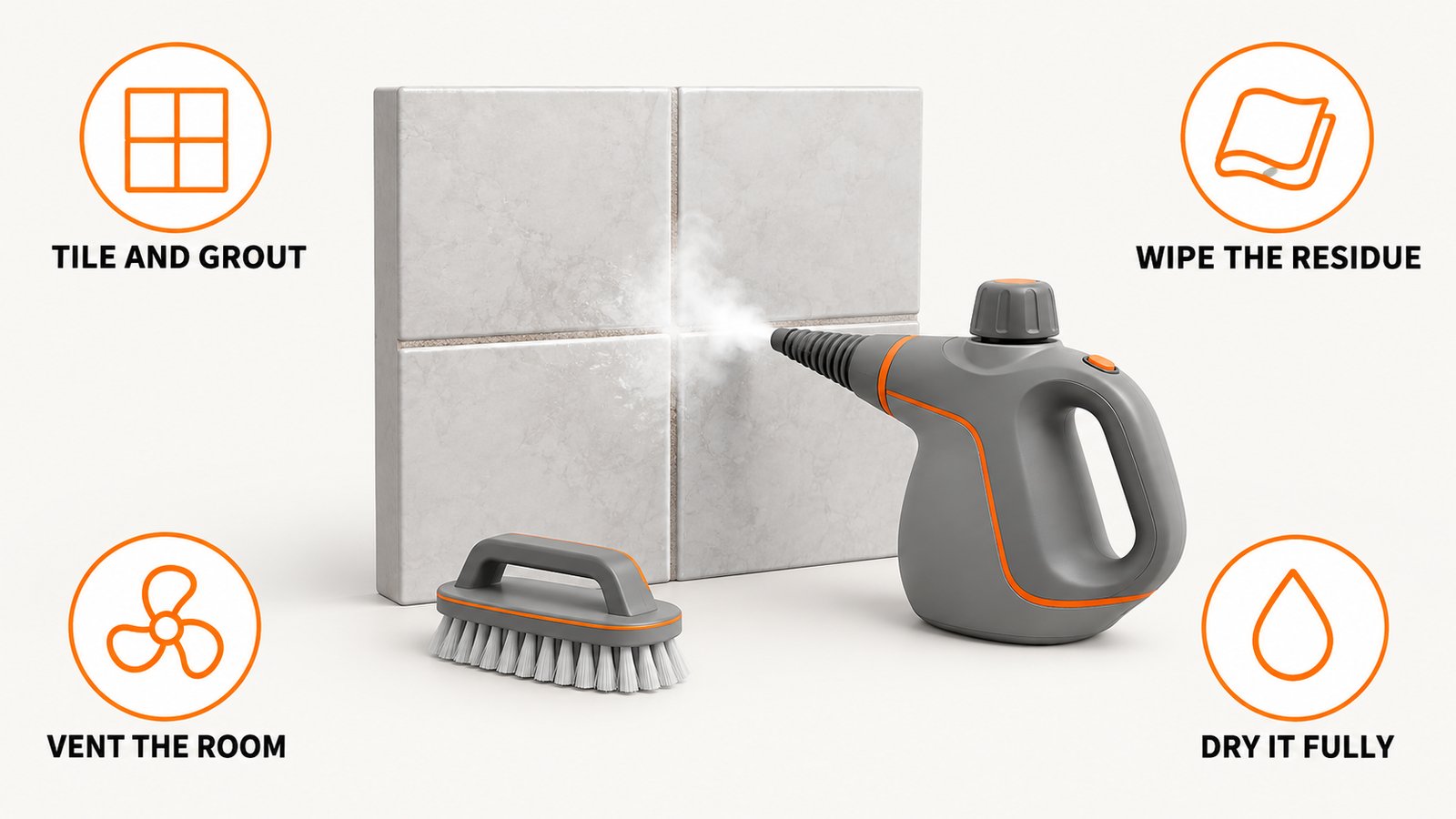 A bathroom tile wall with a grout line, a small brush and a steam cleaner