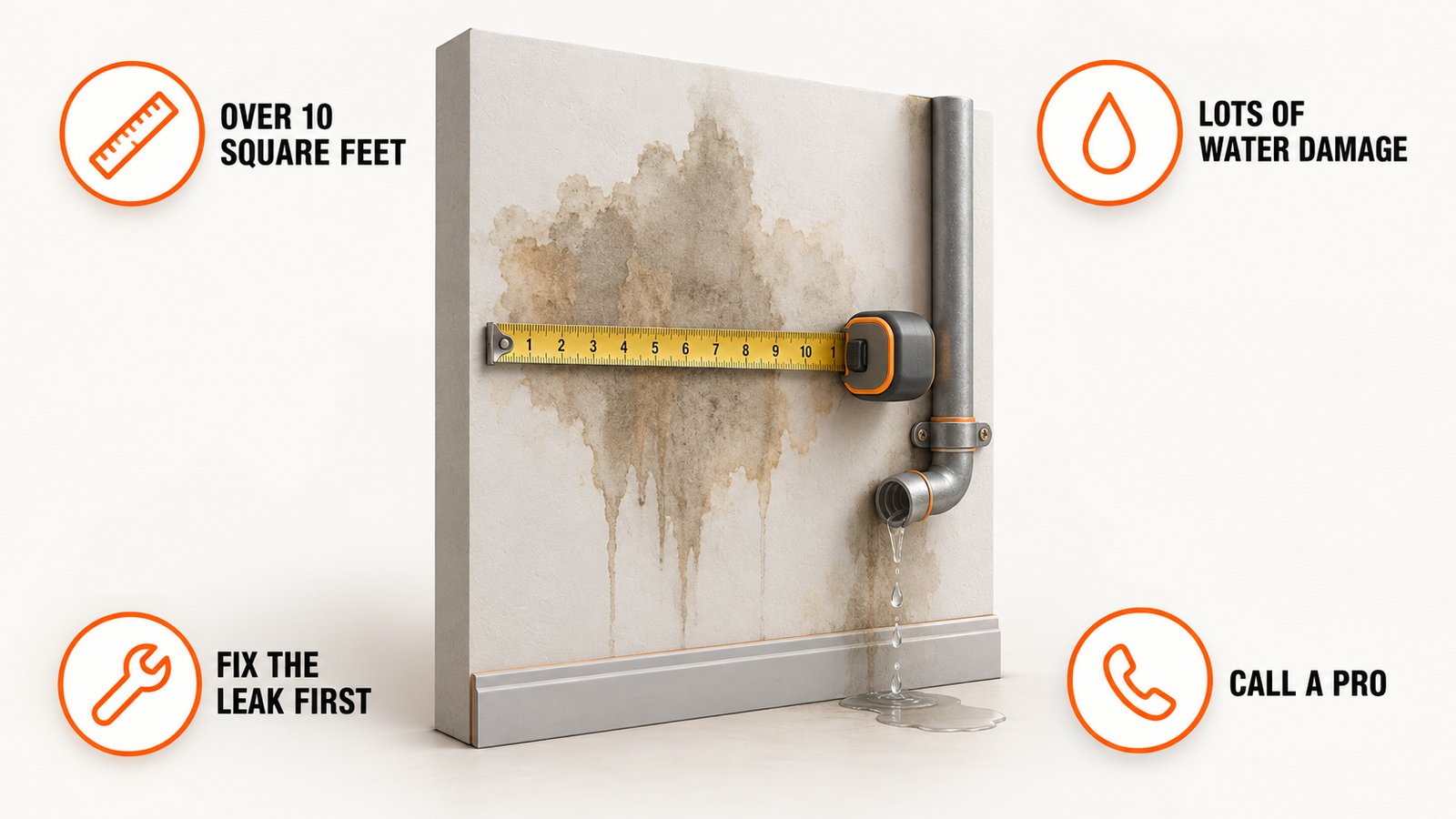 A tape measure laid across a wall stain next to a leaking pipe