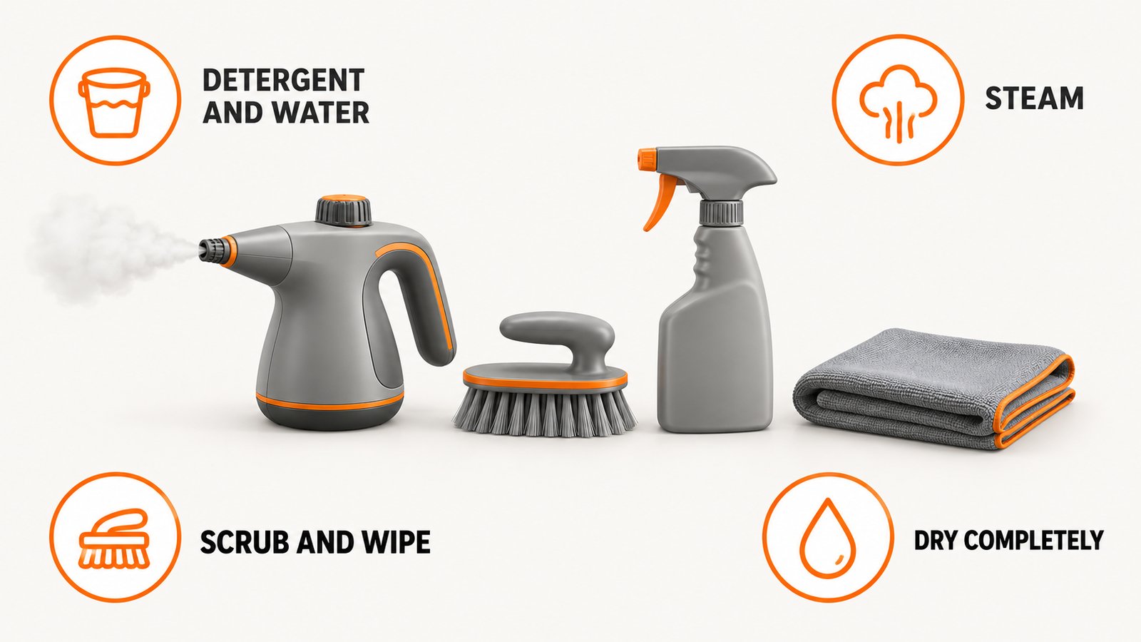 A steam cleaner, a scrub brush, a spray bottle and a cloth in a row