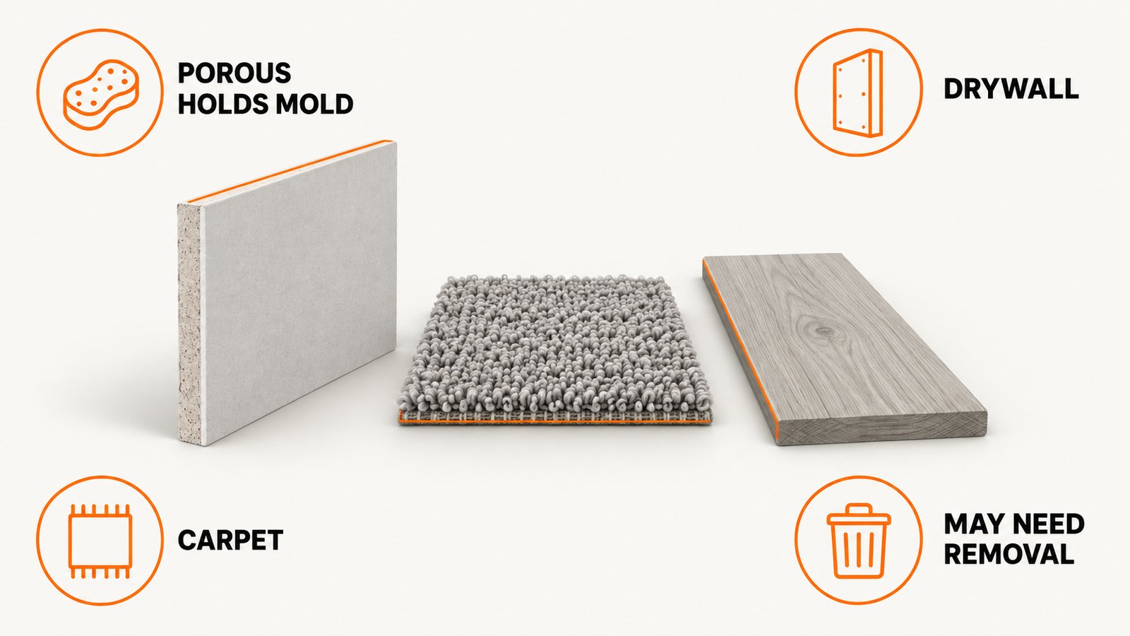 A drywall panel, a carpet square and a wood plank in a row