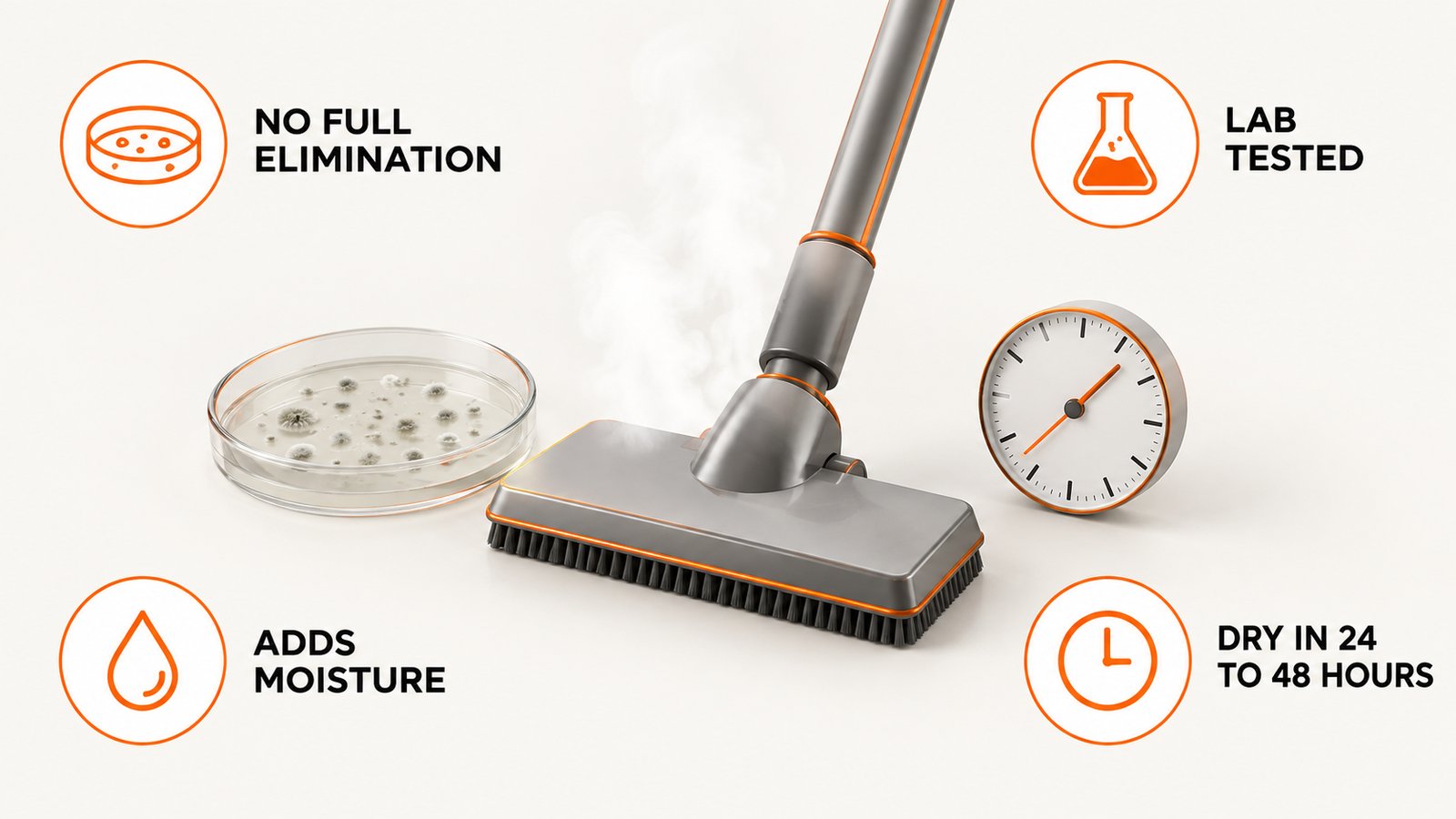 A steam cleaner head beside a petri dish and a clock face