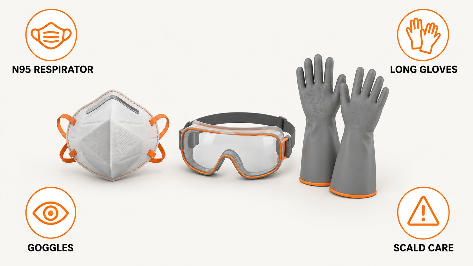 An N95 respirator, goggles and long gloves laid out on a bathroom counter