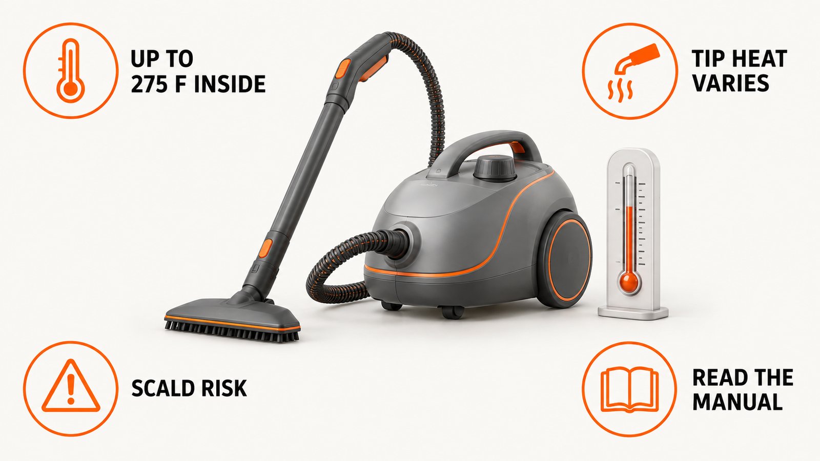 A canister steam cleaner with a nozzle and a thermometer