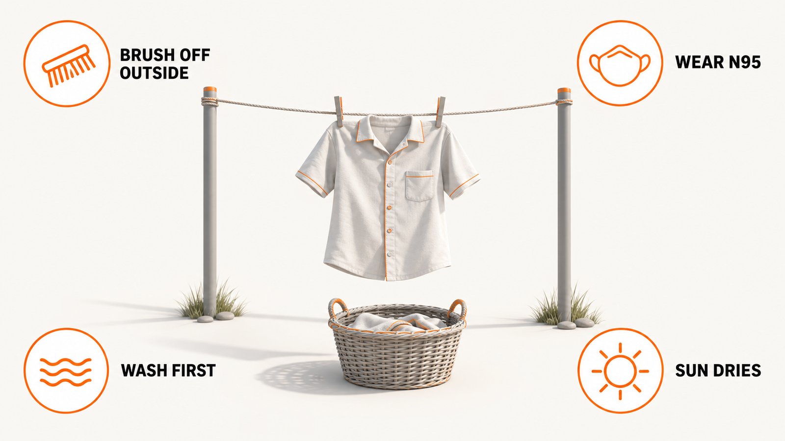 A cotton shirt pinned to an outdoor clothesline in bright sun beside a wicker basket