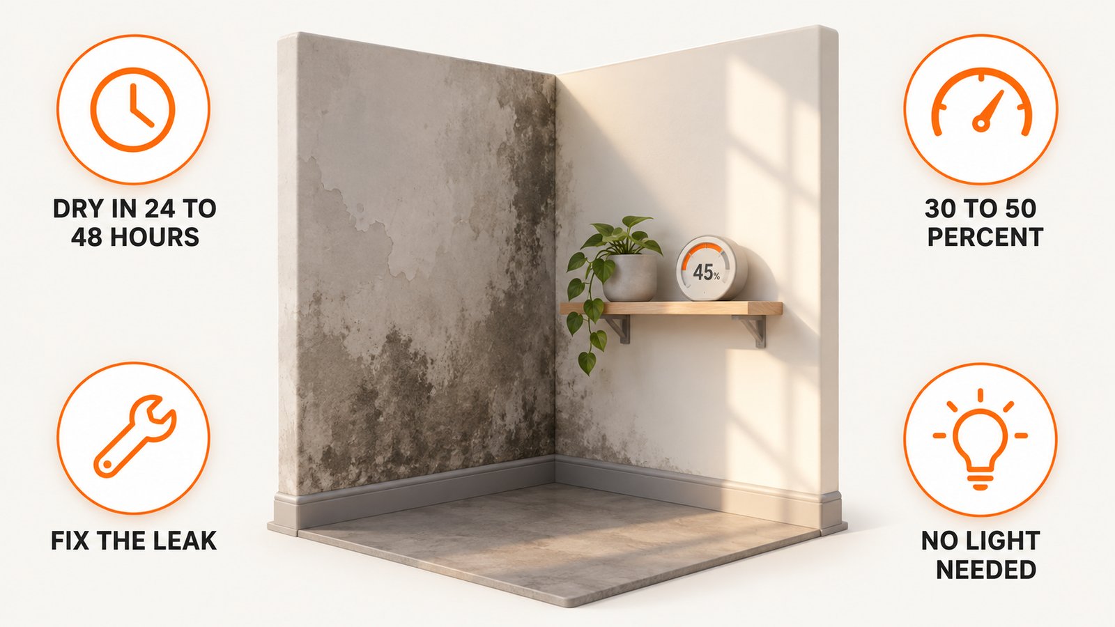 A damp shaded wall corner beside a sunny wall with a small humidity gauge on a shelf