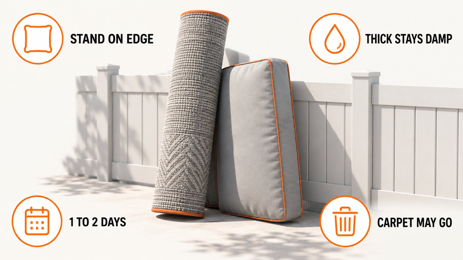A rolled area rug and a patio cushion leaning on a fence in direct sun