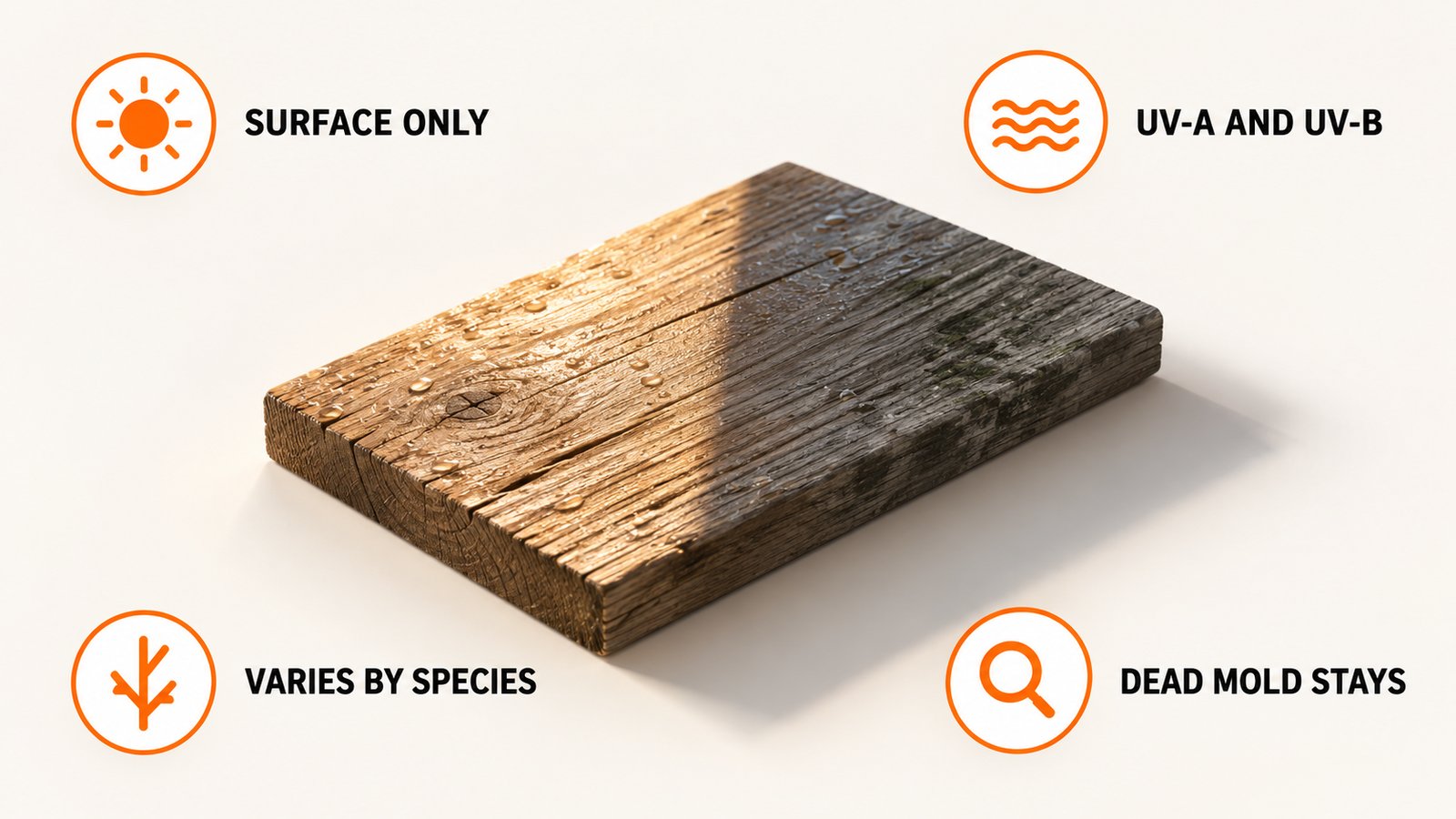 A shaft of sunlight falling across one half of a damp wooden board while the other half stays in shadow