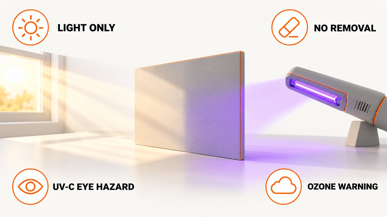 A bright window beam on the left and a handheld UV lamp casting a purple glow on the right over a board