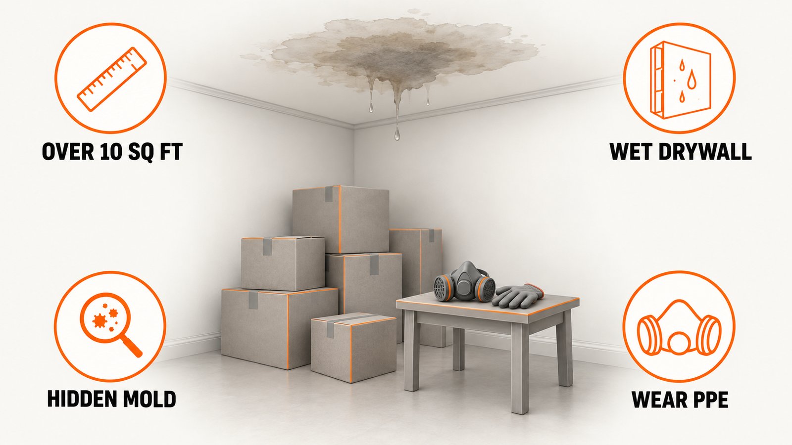 A damp ceiling stain above a stack of moldy cardboard boxes with a respirator and gloves on a table