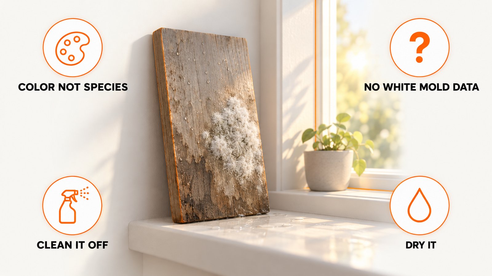 A pale fuzzy patch on a damp board next to a bright window sill with a beam of light