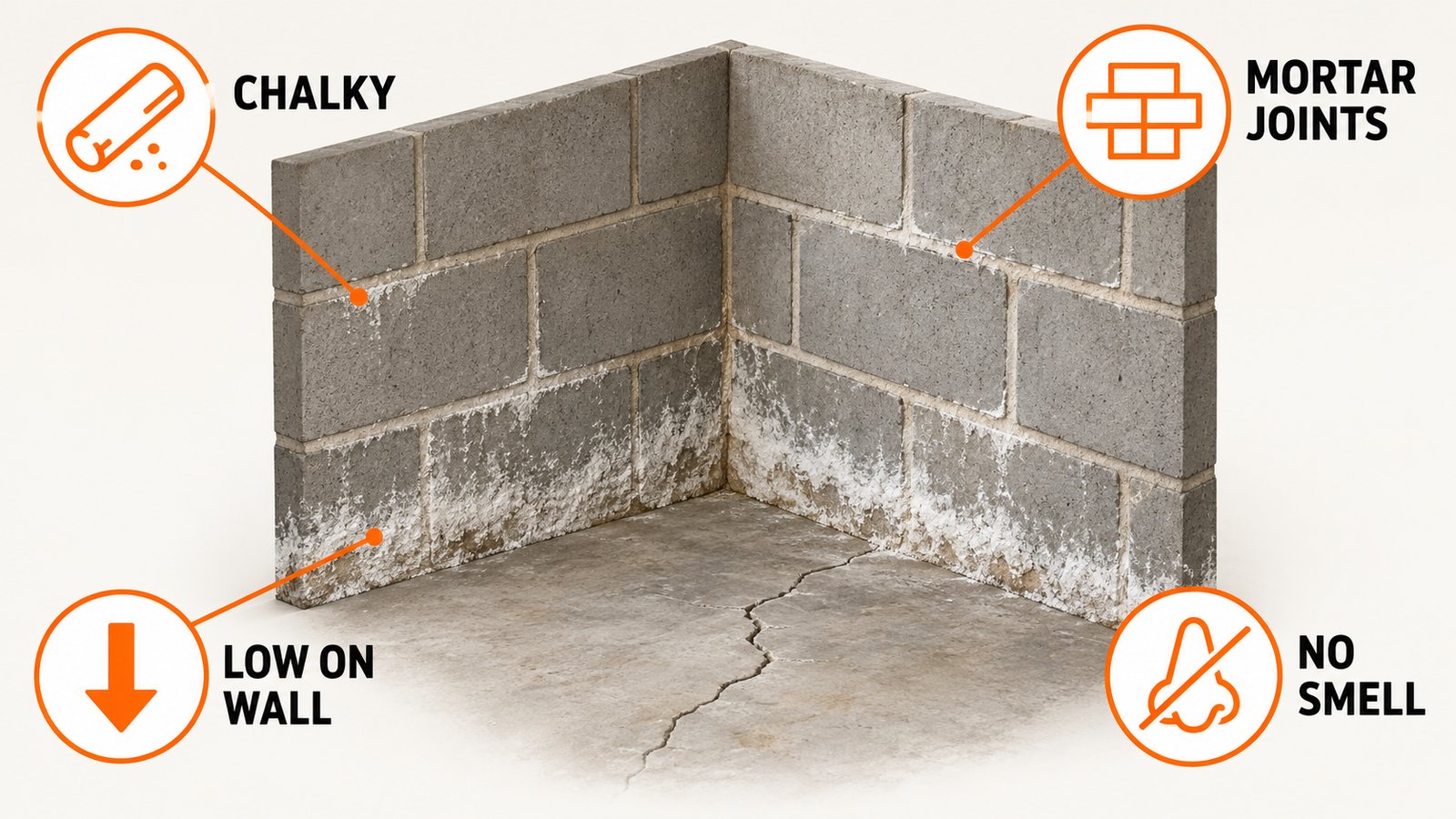 Basement block wall with a pale salt crust along the lower courses and mortar joints