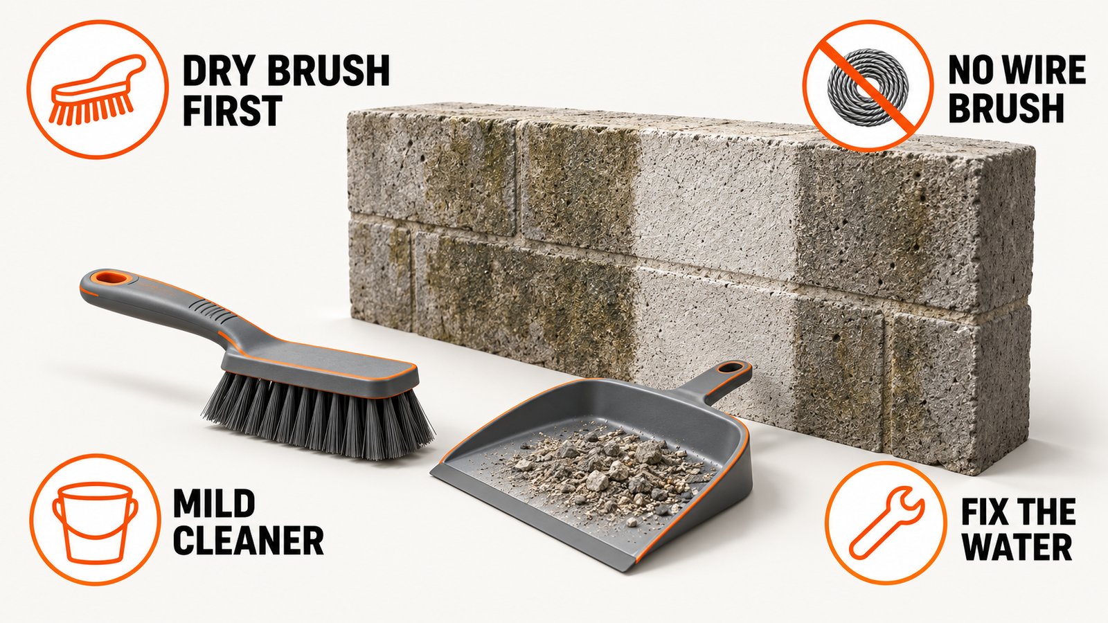 Stiff nylon brush, dustpan and a dry brushed patch on a masonry wall