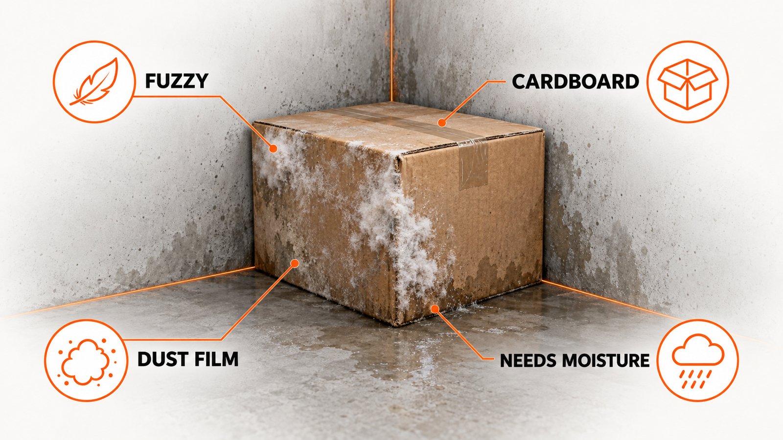 Soft white fuzz growing on a dusty film over a damp concrete floor corner