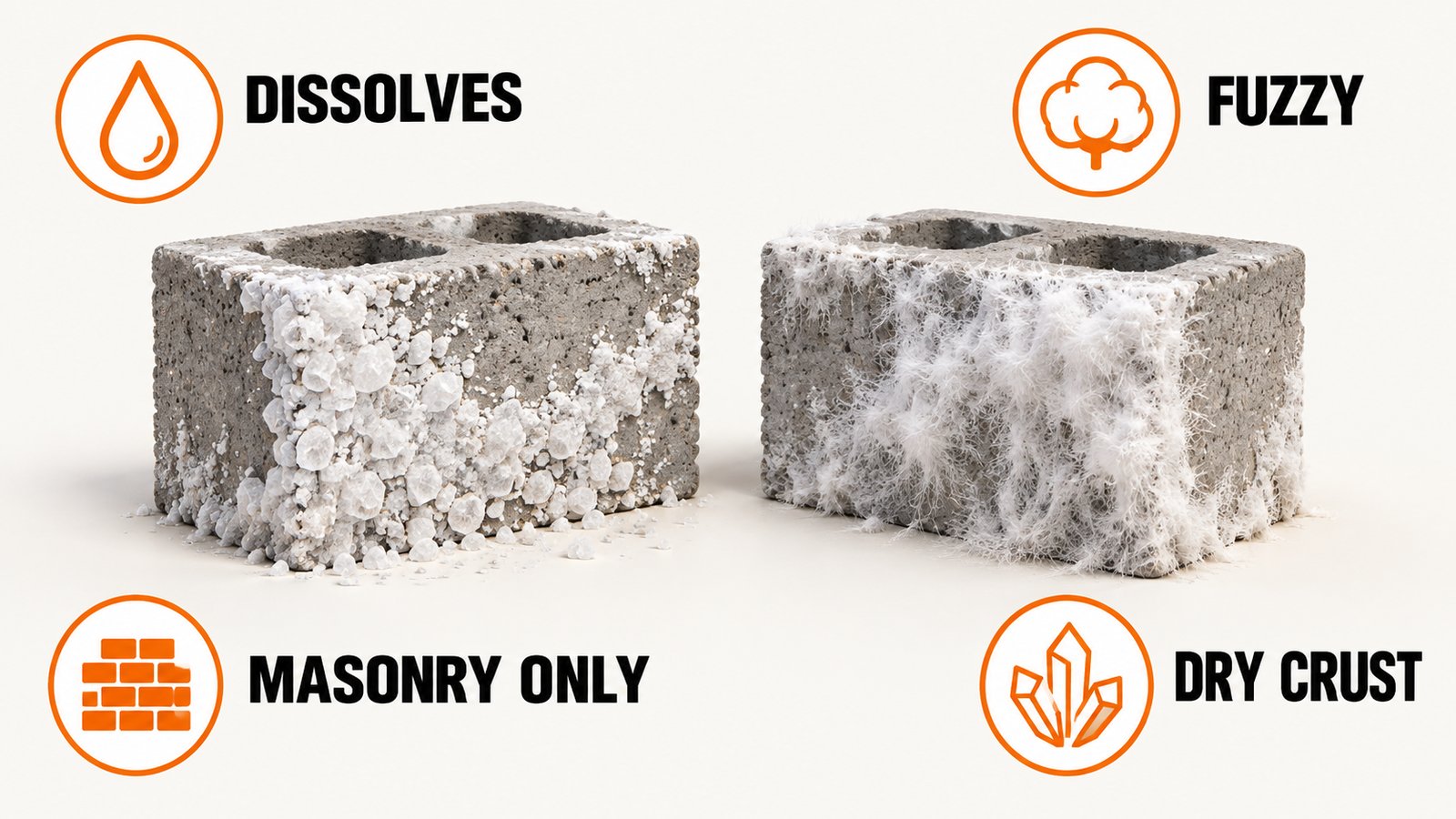Side-by-side comparison of a dry white salt crust and a fuzzy white growth