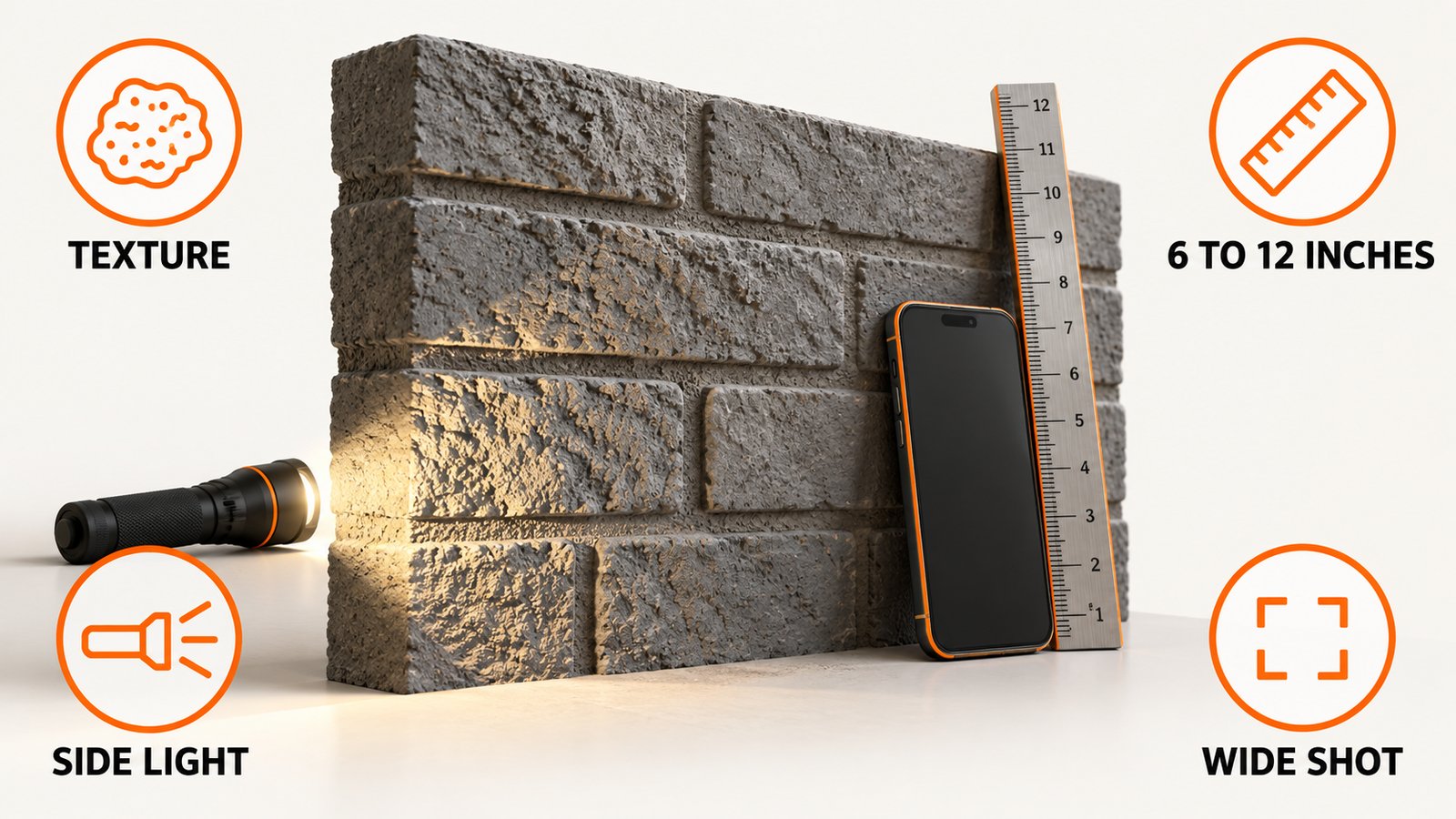 A phone photographing a masonry wall with a ruler and a raking light beside the patch