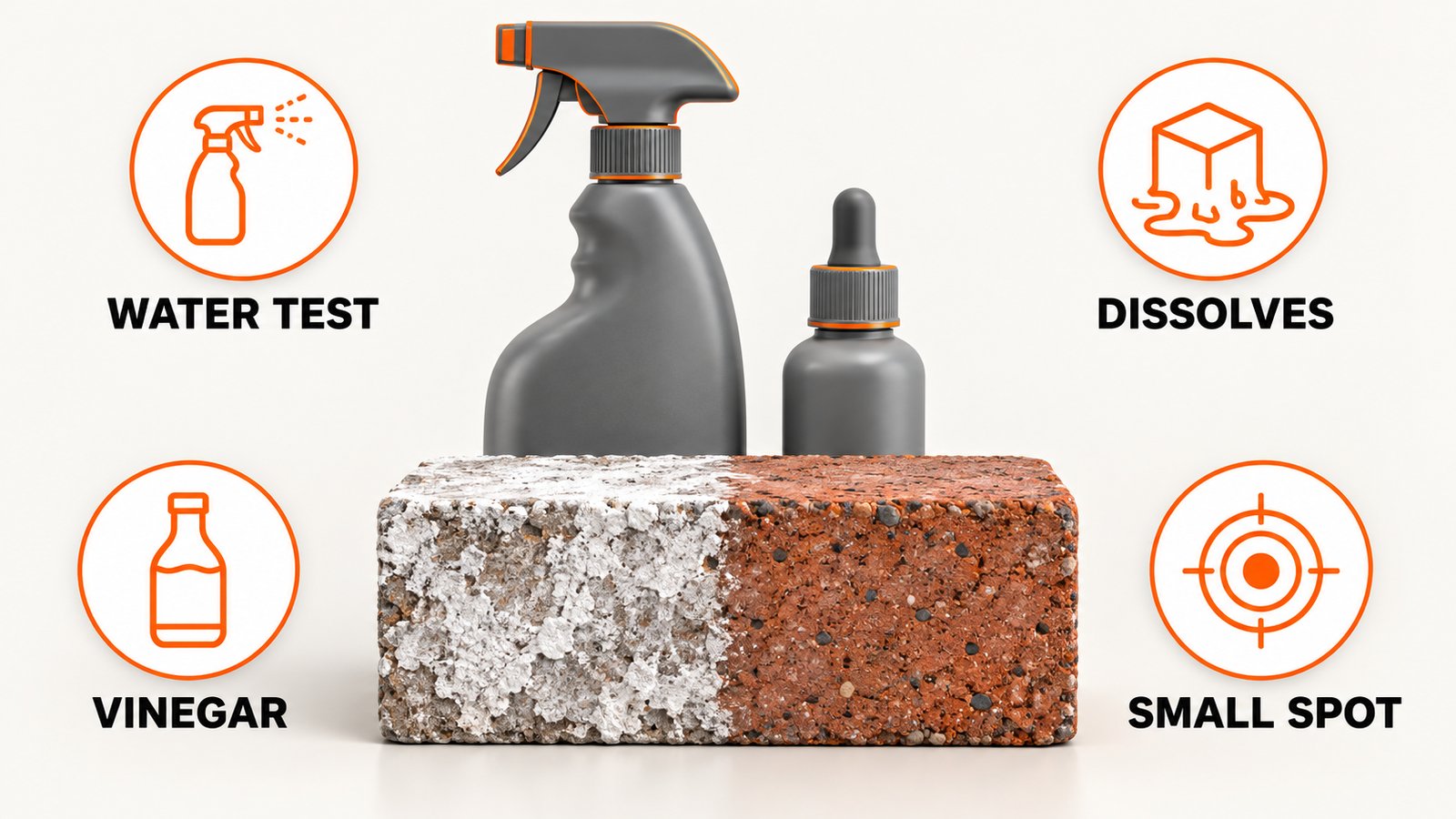 A spray bottle, a dropper of water, and a small bottle of white vinegar beside a masonry sample