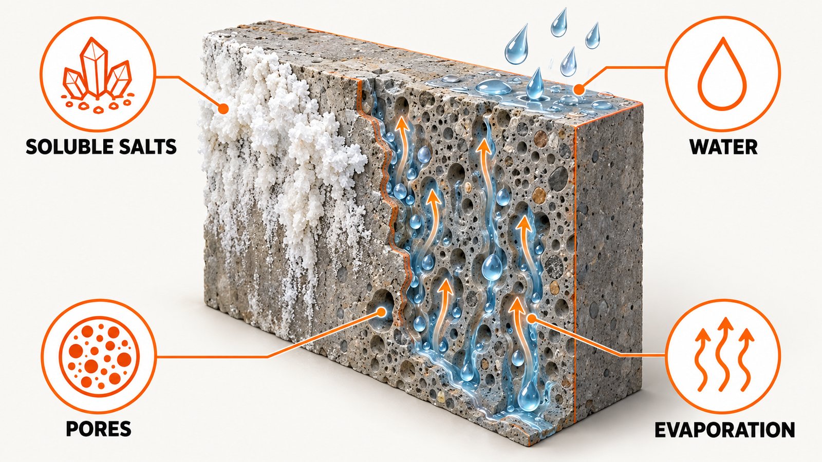 Water carrying dissolved salts through a concrete wall to the surface