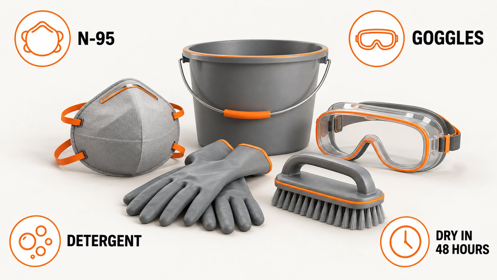Gloves, goggles, N-95 respirator, detergent bucket and a scrub brush laid out on a basement floor
