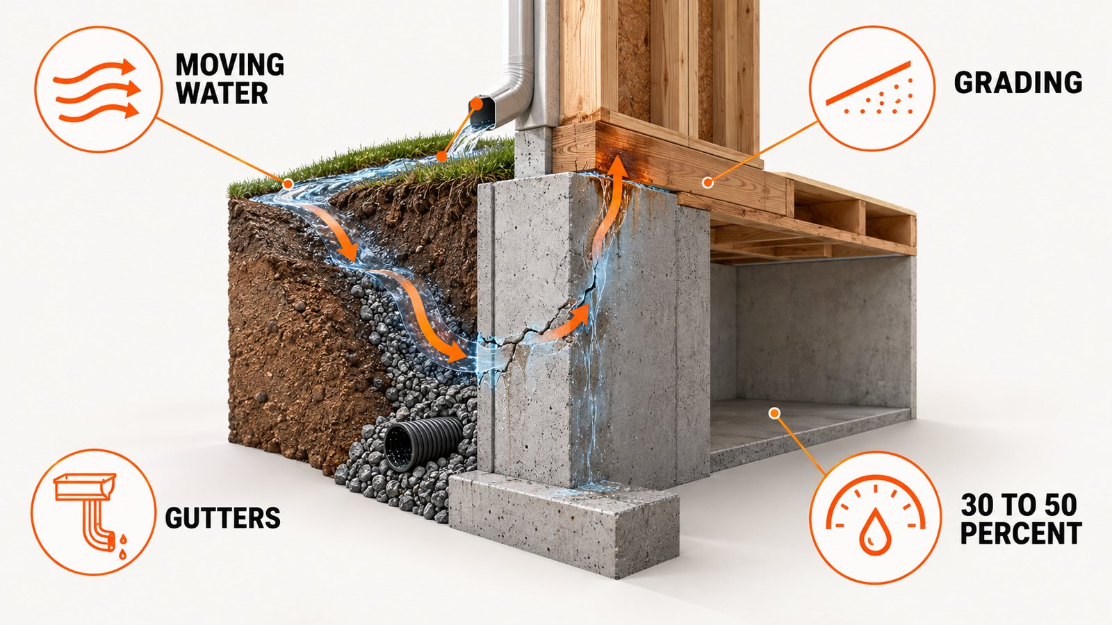 Arrow showing groundwater moving through a basement wall toward a wooden sill