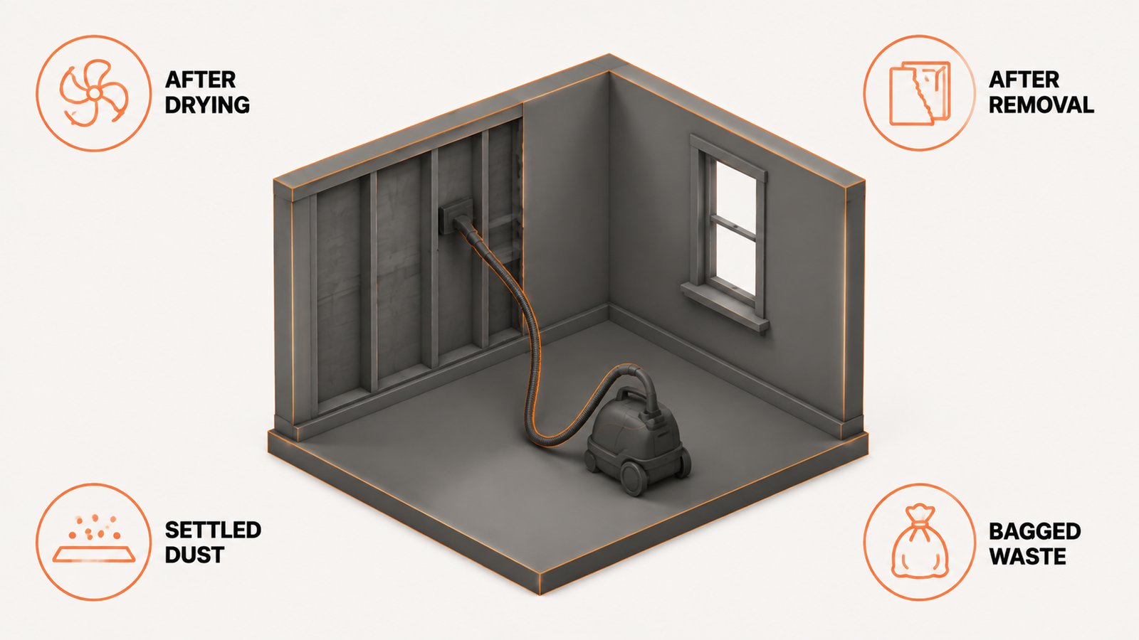 The four points in a mold cleanup where federal remediation guidance names a HEPA vacuum