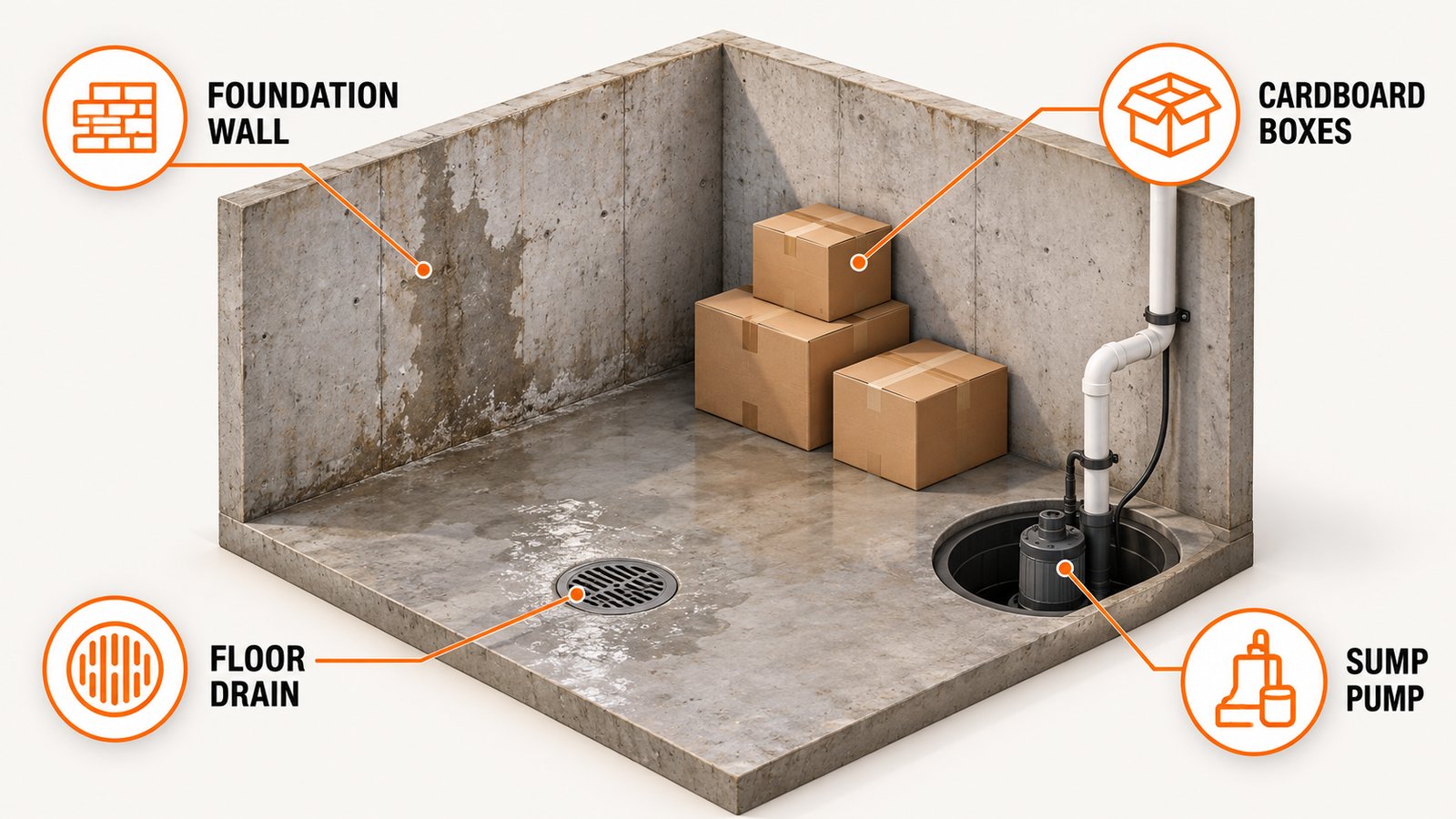 Basement checkpoints including foundation walls, stored boxes, floor drain and sump pump