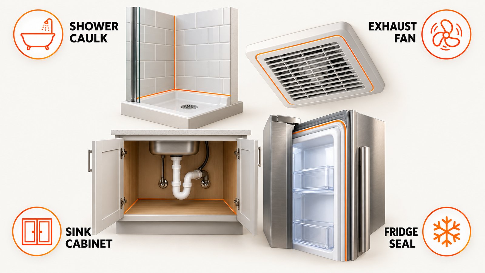 Bathroom and kitchen spots to check for mold, from shower caulk to the fridge door seal