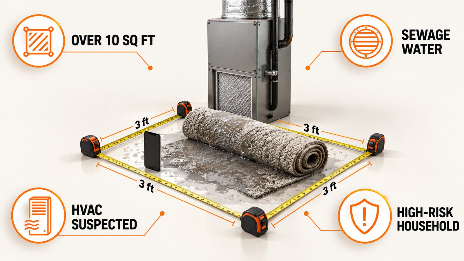 Escalation triggers for hiring a mold professional, from patch size to contaminated water