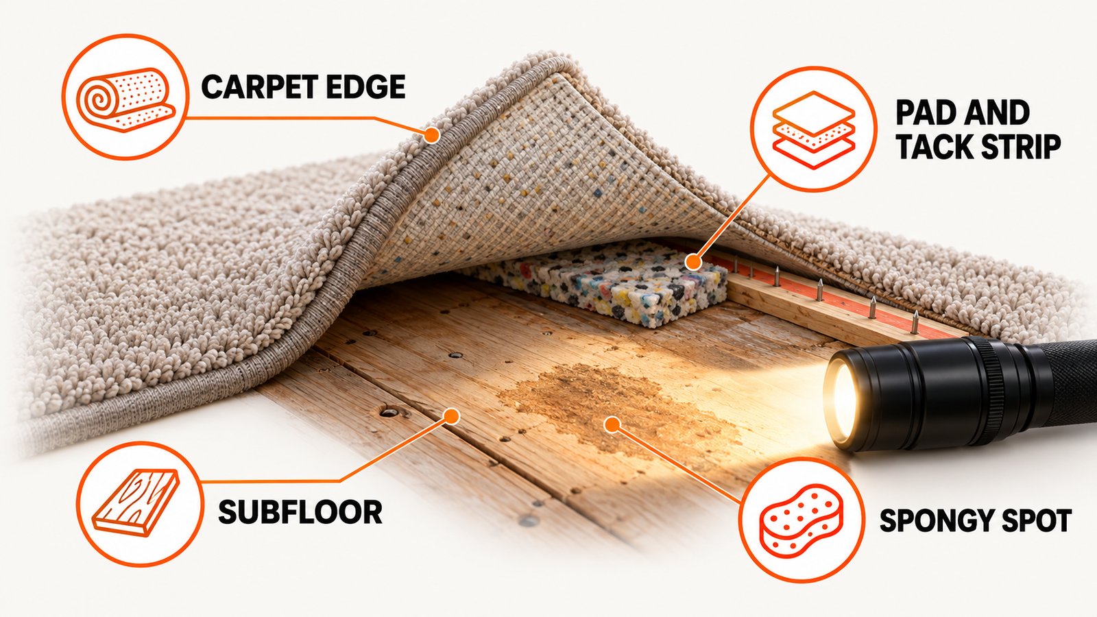 Carpet edge lifted at a corner showing the pad and tack strip, with a flashlight beam