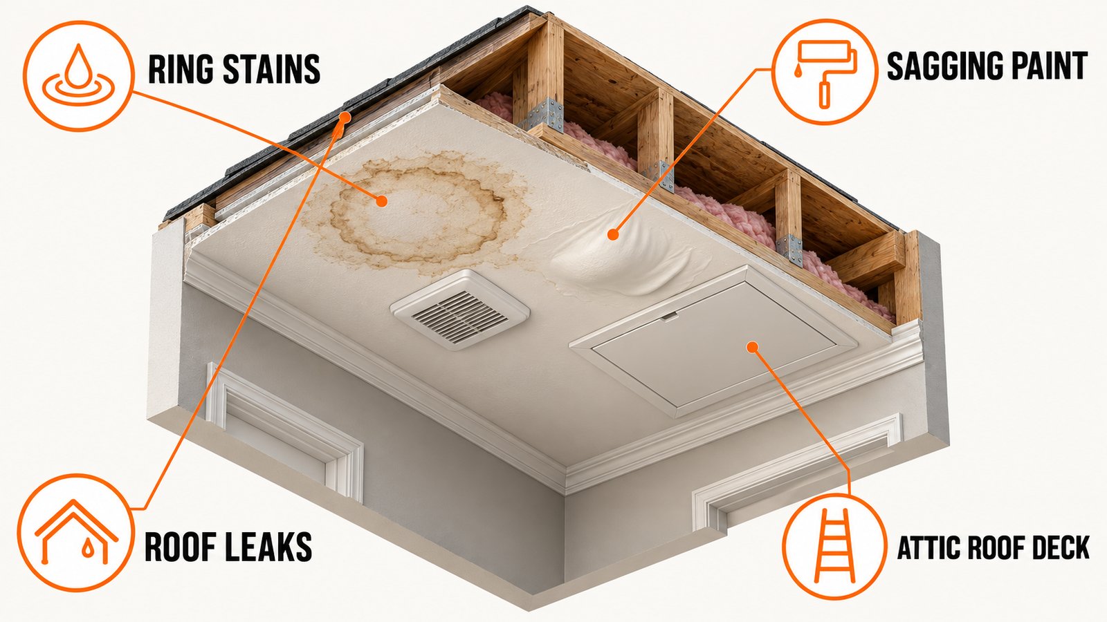 Ceiling stains, sagging paint and roof-line clues to check from inside the house