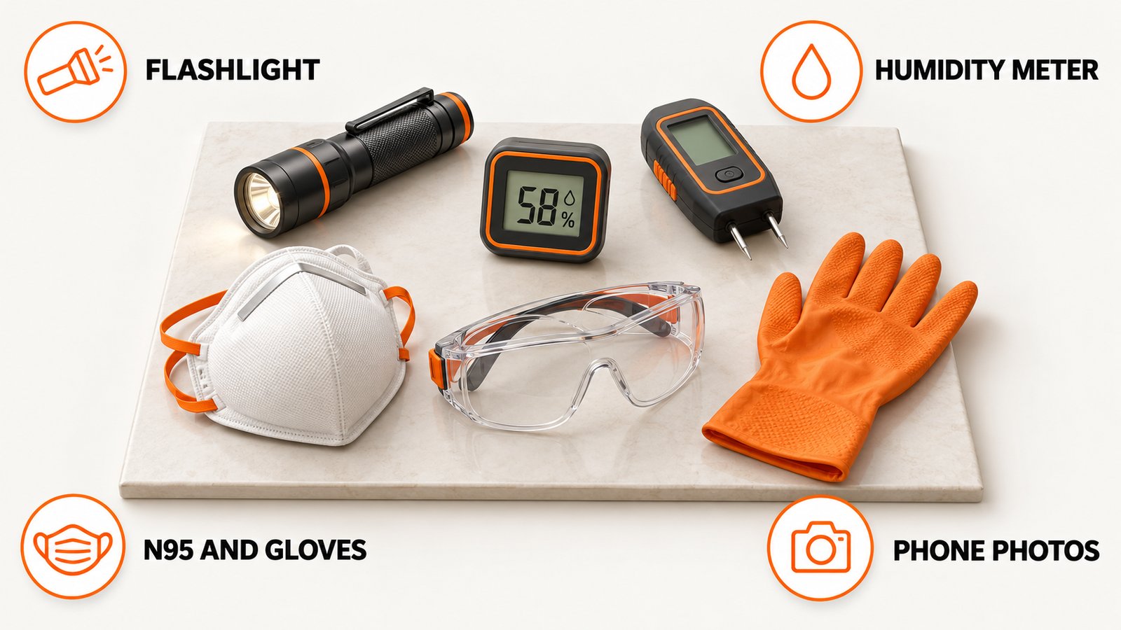 Inspection kit with a flashlight, humidity meter, moisture meter and protective gear