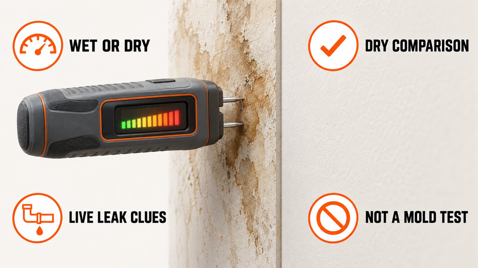 Moisture meter pressed to a wall beside a reference reading on a dry wall