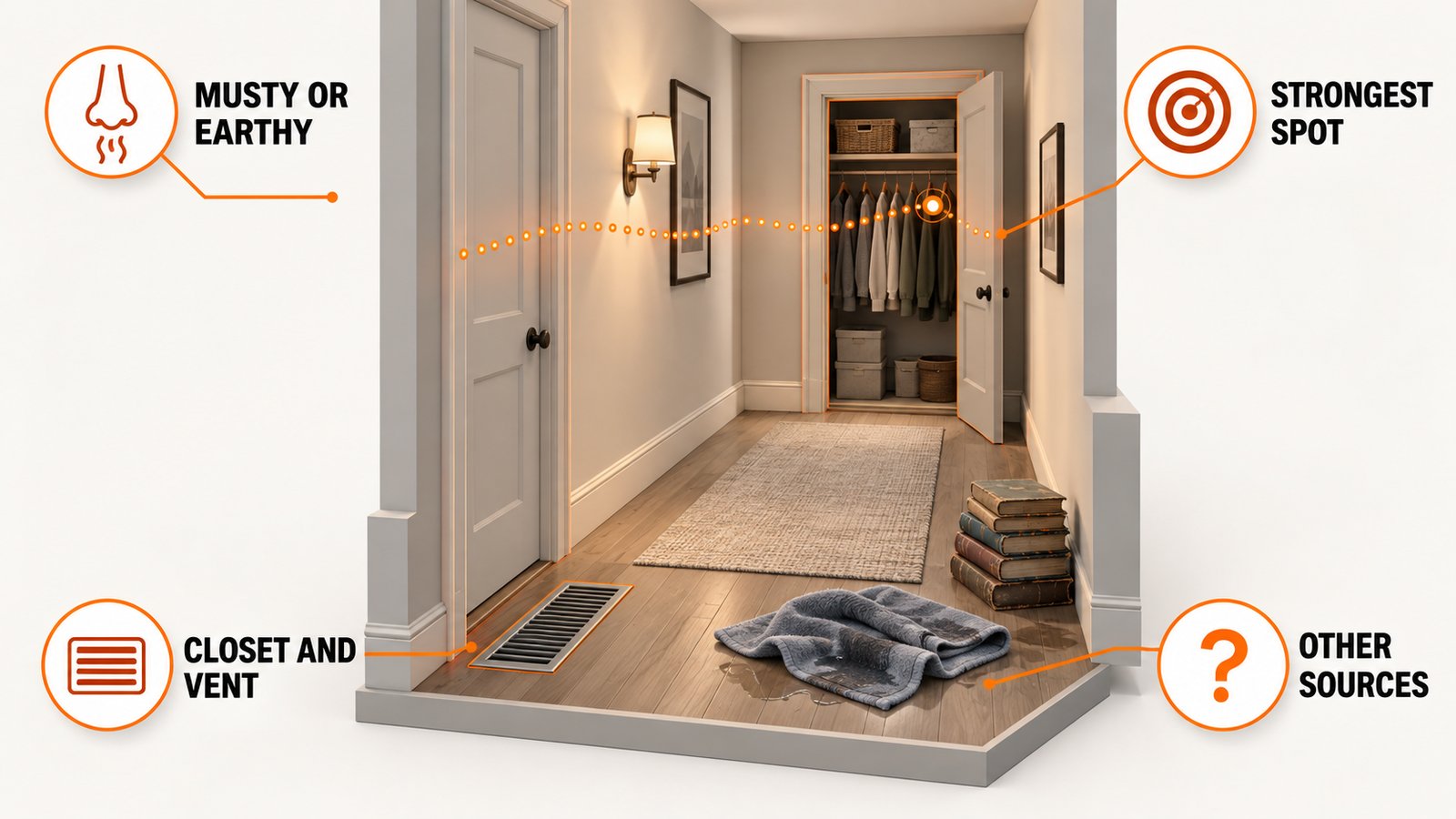 Odor clues showing a musty smell tracked to a corner, a closet, a vent and a damp towel