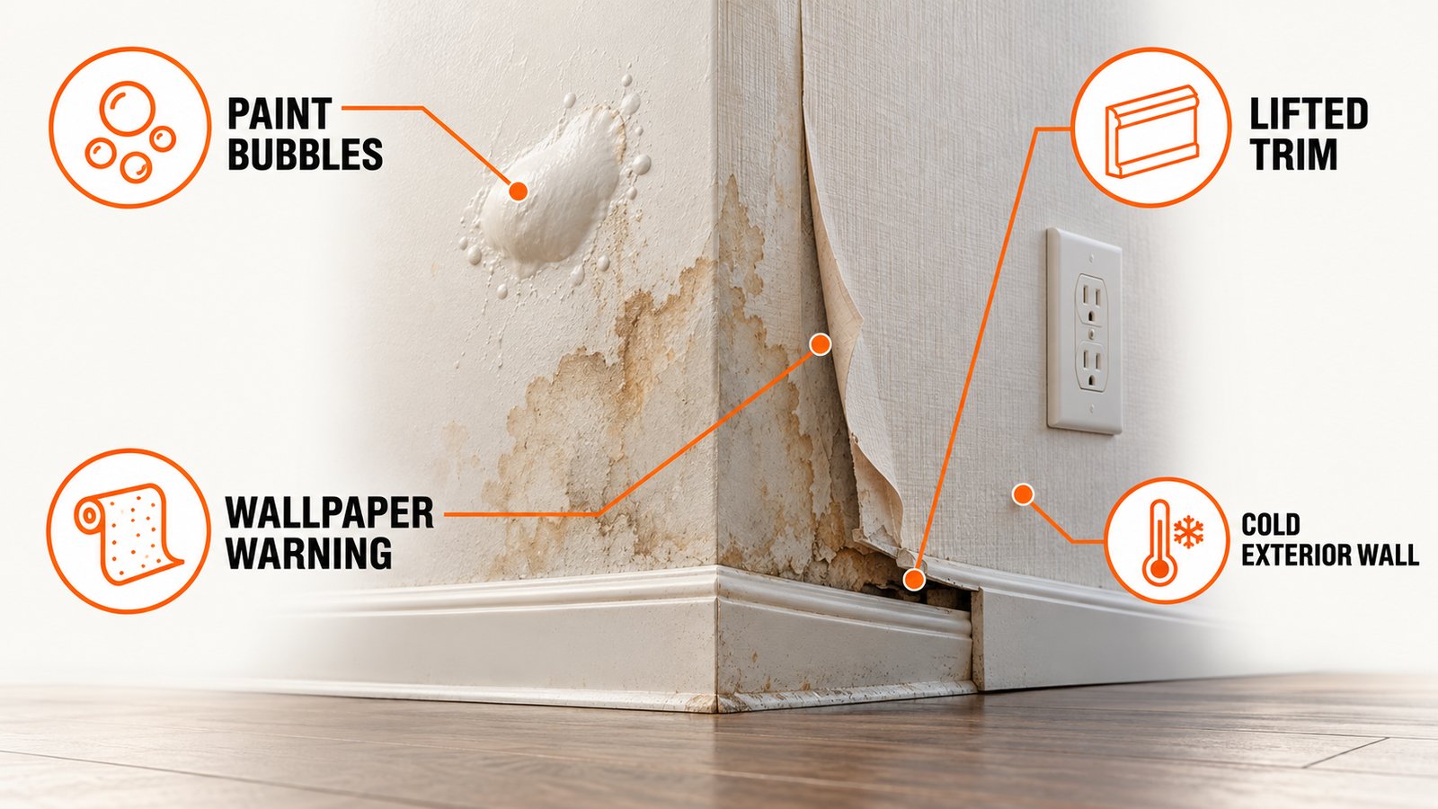 Wall surface clues including paint bubbles, stains, warped baseboard and a cold pipe wall